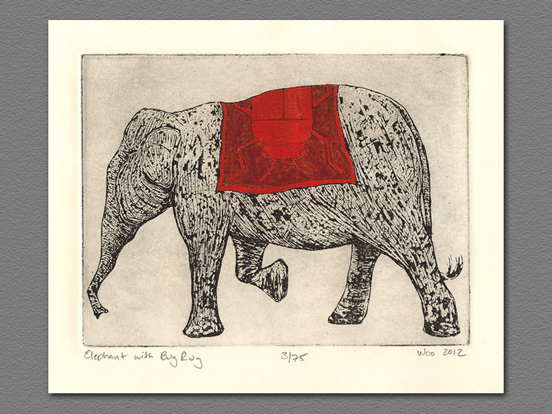 etching - Elephant with Bug Rug
